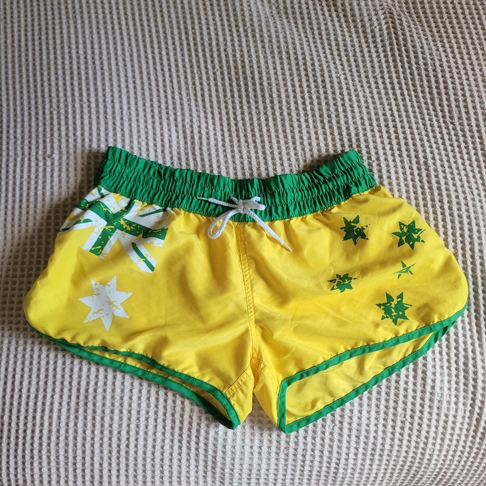 Vibrant Yellow and Green Lightweight Athletic Shorts with Australian Flag Design